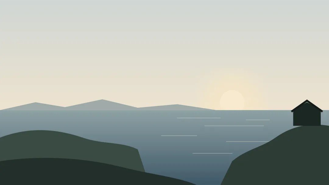 Illustration af kysten om aftenen.